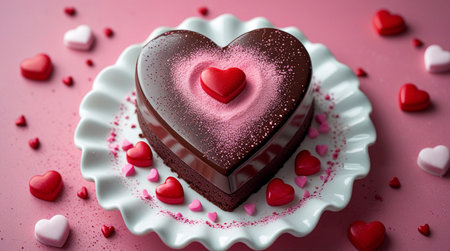 A charming heart-shaped cake sits elegantly on a white plate, adorned with a dusting of powdered sugar and a single red heart on top. The cake is surrounded by scattered heart-shaped candies, creating a festive and romantic atmosphere. The soft pink background enhances the Valentine's Day theme, making it a perfect treat for a special occasion.の素材