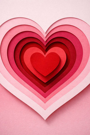 This image features a beautifully crafted layered heart design. The hearts are arranged in a way that creates a sense of depth and dimension, with each heart slightly smaller than the one beneath it. The colors transition from a light pink at the outermost layer to a deep red at the center, creating a visually appealing gradient effect. The design is simple yet elegant, making it a perfect representation of love and affection.の素材