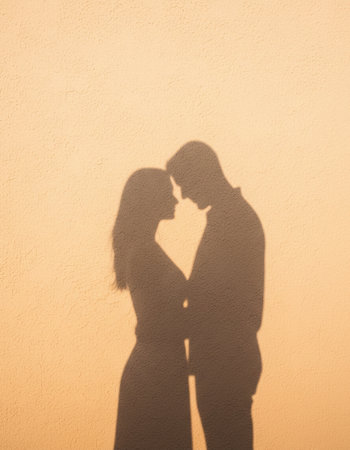 The image captures the silhouette of a couple standing closely together, embracing each other. The shadow is cast against a light-colored wall, creating a romantic and intimate atmosphere. The couple appears to be sharing a tender moment, with their heads close together.の素材