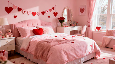 This image depicts a charming bedroom decorated in a romantic theme. The room features a bed adorned with pink bedding and scattered heart-shaped pillows. A garland of red heart decorations hangs above the bed, adding to the romantic ambiance. The walls are painted in a soft pink hue, complementing the overall color scheme. A vanity area with a mirror and a chair is visible, along with a nightstand holding a lamp and a small teddy bear. The room is further decorated with heart-shaped items and flowers, creating a cozy and loving atmosphere.の素材