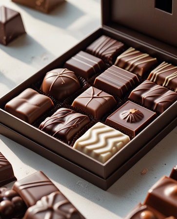 A beautifully arranged box of assorted chocolates, featuring a variety of shapes and flavors. The chocolates are neatly organized in a dark brown box, with some pieces showcasing intricate designs and others having distinct textures. The box is placed on a light-colored surface, with additional chocolates scattered around it, creating an inviting and indulgent atmosphere.の素材