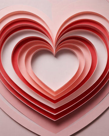 This image showcases a beautifully crafted, multi-layered heart design. The heart is composed of several concentric layers of paper, each slightly larger than the one beneath it, creating a three-dimensional effect. The colors transition from a light pink at the base to a deeper red at the top, enhancing the visual depth and adding a sense of warmth and love. The design is minimalistic yet intricate, perfect for Valentine's Day or any romantic occasion.の素材
