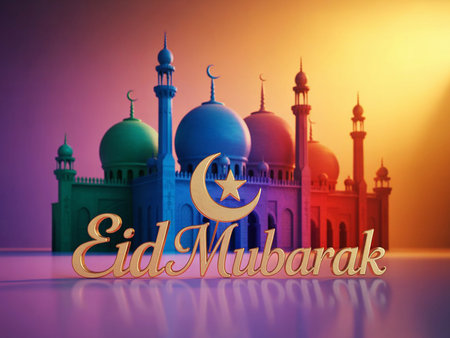 An image showcasing a stunning mosque with multiple domes and minarets, set against a vibrant sunset. The mosque is beautifully illuminated with colors transitioning from purple to orange. The phrase 'Eid Mubarak' is prominently displayed at the bottom, accompanied by a crescent moon and a star, symbolizing the festive occasion of Eid.の素材