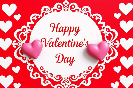 A festive Valentine's Day greeting card design featuring a decorative frame, pink hearts, and romantic text on a bright red background with heart icons.