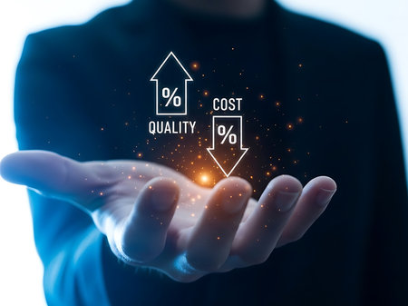 A hand holds glowing orange particles with white icons for upward quality and downward cost percentages above.の素材