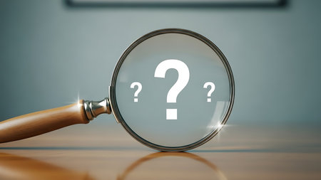 A magnifying glass with a wooden handle is positioned over white question marks on a polished wooden desk. The background is a soft blue-grey.の素材