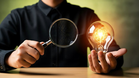 A person in a black shirt holds a magnifying glass over a lit incandescent light bulb in their other hand.の素材