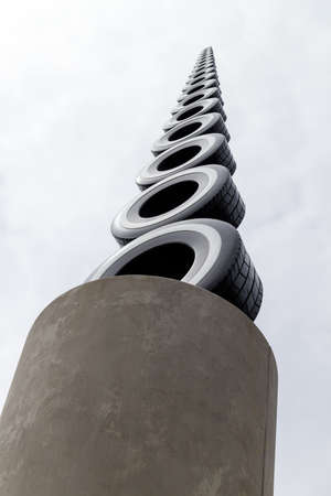 a tower of tires displayの写真素材