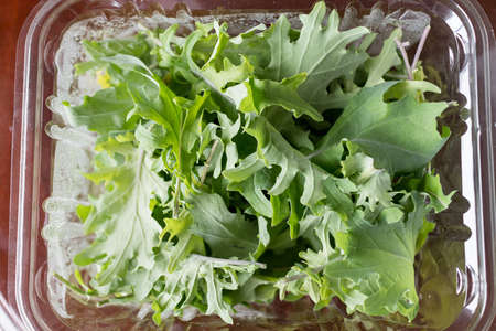 some fresh mesclun greens in plastic containerの写真素材
