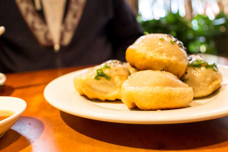 tasty fried potstickers in restaurant