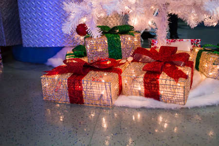 some shiny presents under treeの写真素材