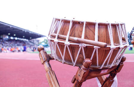 a large Korean drum at festival groundsの写真素材