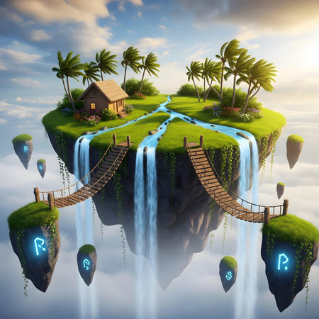 Conceptual image with a wooden bridge over a waterfalls.の素材