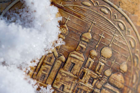 Fragment of wooden Russian church, old style. covered with snow.の写真素材