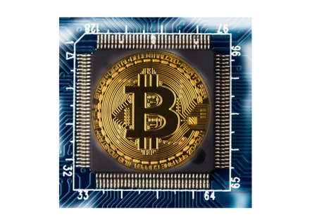 Blue painted electronic circuit board and a chip with big Bitcoin symbol. mining Concept.Physical...