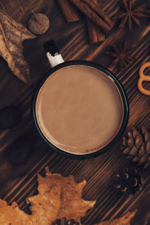 Top view composition with vintage styled cup of hot chocolate and decoration from fall leaves, acorns and chestnutsの写真素材
