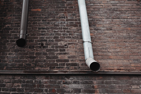 Iron rain gutters on a brick wallの写真素材