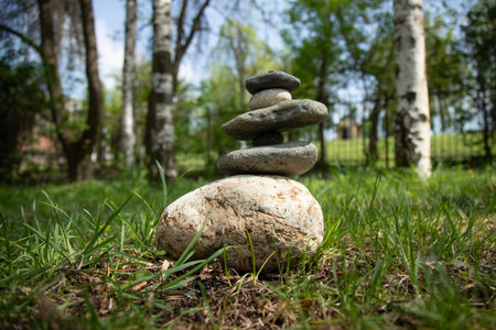 Close-up of stacked pebbles in forest