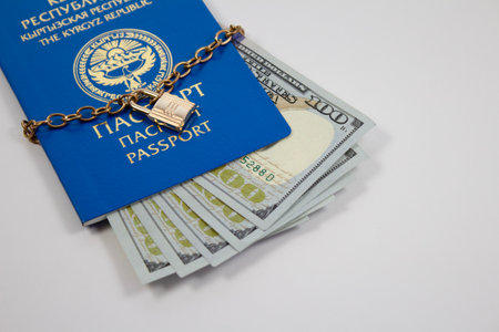 Closing borders, Sanctions, ban, canceling of Kyrgyz Republic concept. Bribe and migration conceptの写真素材