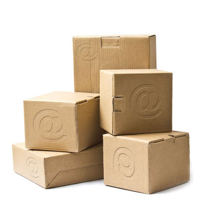 Cardboard boxes for goods and products isolated on white backgroundの写真素材