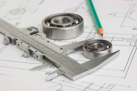 tools and mechanisms detail on the background of technical drawingsの写真素材