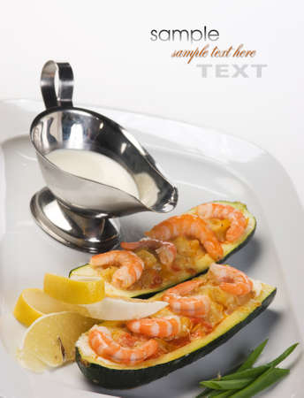 Shrimp baked in zucchini with creamy sauceの写真素材