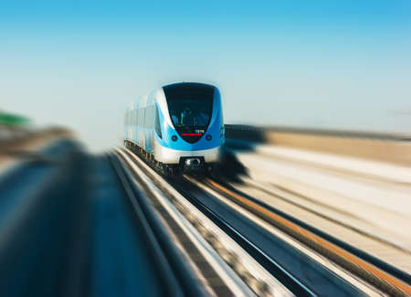 DUBAI, UAE - NOVEMBER 18: Dubai Metro. A view of the city from the subway car nov 18. 2012.  Dubai Metro as world's longest fully automated metro network (75 km) on November 18, 2012, Dubai, UAE.のeditorial素材
