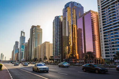 DUBAI, UAE - NOVEMBER 9: Modern skyscrapers, Sheikh zayed roads on November 9, 2013 in Dubai, United Arab Emirates. Dubai is the fastest growing city in the world.のeditorial素材
