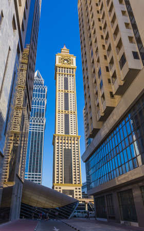 DUBAI, UAE - NOVEMBER 9: Modern skyscrapers, Sheikh zayed roads on November 9, 2013 in Dubai, United Arab Emirates. Dubai is the fastest growing city in the world.のeditorial素材