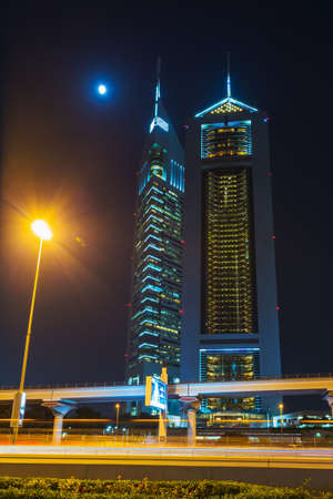 DUBAI, UAE - NOVEMBER 14: Modern skyscrapers, Sheikh zayed roads on November 14, 2013 in Dubai, United Arab Emirates. Dubai is the fastest growing city in the world.のeditorial素材