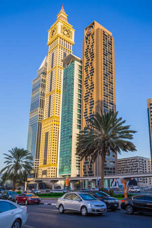 DUBAI, UAE - NOVEMBER 9: Modern skyscrapers, Sheikh zayed roads on November 9, 2013 in Dubai, United Arab Emirates. Dubai is the fastest growing city in the world.のeditorial素材