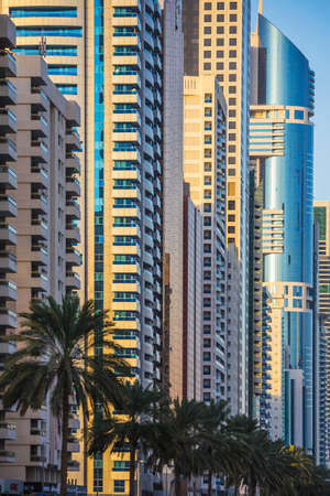 DUBAI, UAE - NOVEMBER 9: Modern skyscrapers, Sheikh zayed roads on November 9, 2013 in Dubai, United Arab Emirates. Dubai is the fastest growing city in the world.のeditorial素材