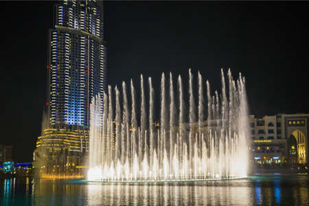DUBAI, UAE - November 31: A record-setting fountain system set on Burj Khalifa Lake, it shoots water 150 m into the air, at November 31, 2013 in Dubai, United Arab Emirateのeditorial素材