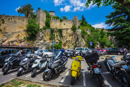 SAN MARINO REPUBLIC - JUNE 22, 2014: The woll of Guaita fortress is the oldest and the most famous tower on San Marino.のeditorial素材