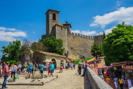 SAN MARINO REPUBLIC - JUNE 22, 2014: The woll of Guaita fortress is the oldest and the most famous tower on San Marino.のeditorial素材