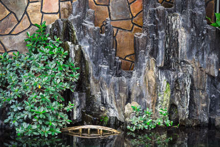 pool with rocks, plants and mock of the bridge
