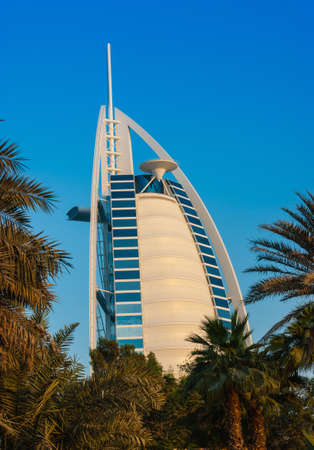 DUBAI, UAE - NOVEMBER 15: View of the hotel Burj Al Arab from Souk Madinat Jumeirah. Nov 15, 2012 in Dubai. Burj Al Arab is a luxury 7 stars hotel built  in front of Jumeirah beach.のeditorial素材