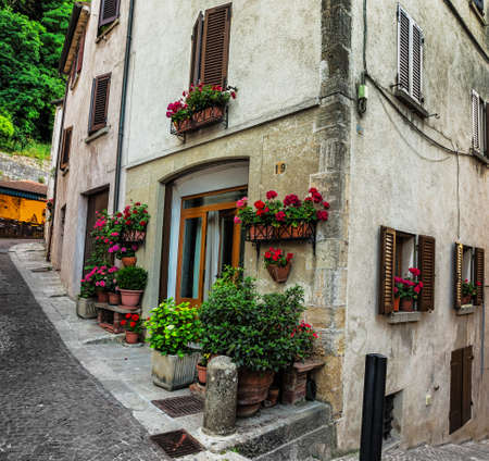 Door in an old house decorated with flower pots and flowers at nightのeditorial素材