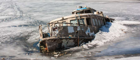 Steam-ship sunk in the ice of the Gulf Riverの写真素材