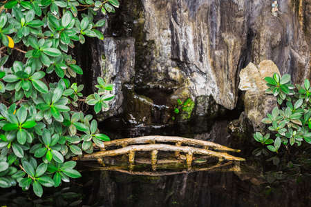 pool with rocks, plants and mock of the bridgeの写真素材