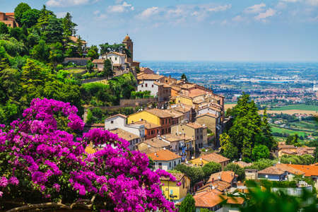 landscape with roofs of houses in small tuscan town in province, Italyの写真素材