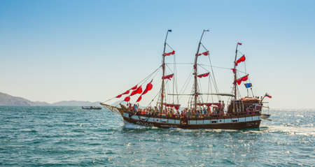 Crimea, Koktebel, Jul 31, 2014. Old ship with sails, sailing in the sea