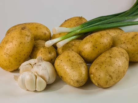potato green onion and garlicの写真素材