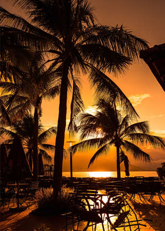 Cafe with tables on a background of the sea in Vietnamの写真素材