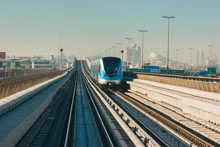 DUBAI, UAE - NOVEMBER 18: Dubai Metro. A view of the city from the subway car nov 18. 2012.  Dubai Metro as world's longest fully automated metro network (75 km) on November 18, 2012, Dubai, UAE.のeditorial素材