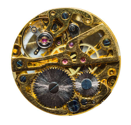 Part of clockwork with gears and ruby. Steel and brass.