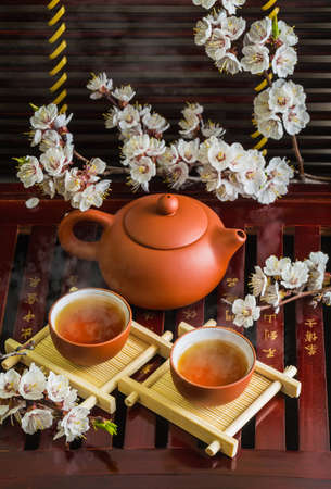 Ancient Chinese tea set with spring flowers