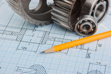 tools and mechanisms detail on the background of technical drawingsの写真素材