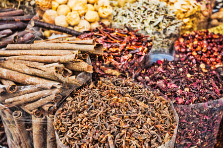 dried herbs flowers spices in the spice souq at Deira. UAE Dubaiの写真素材