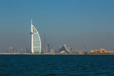 DUBAI, UAE- NOVEMBER 7: A general view of the world's first seven stars luxury hotel Burj Al Arab "Tower of the Arabs" on November 7, 2013 in Dubai. Also known as "Arab Sail"のeditorial素材